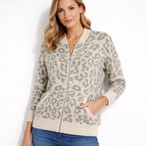 By Malene Birger‎ Sweater Women Small Cardigan Full-Zip Leopard Print Gray Cream